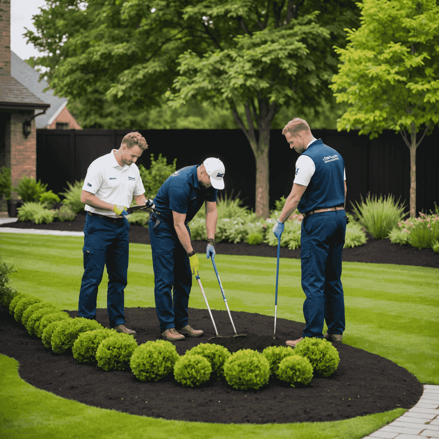 The 1win Landscape Design team working on a landscaping project, showing professionals in branded uniforms collaborating on a garden design