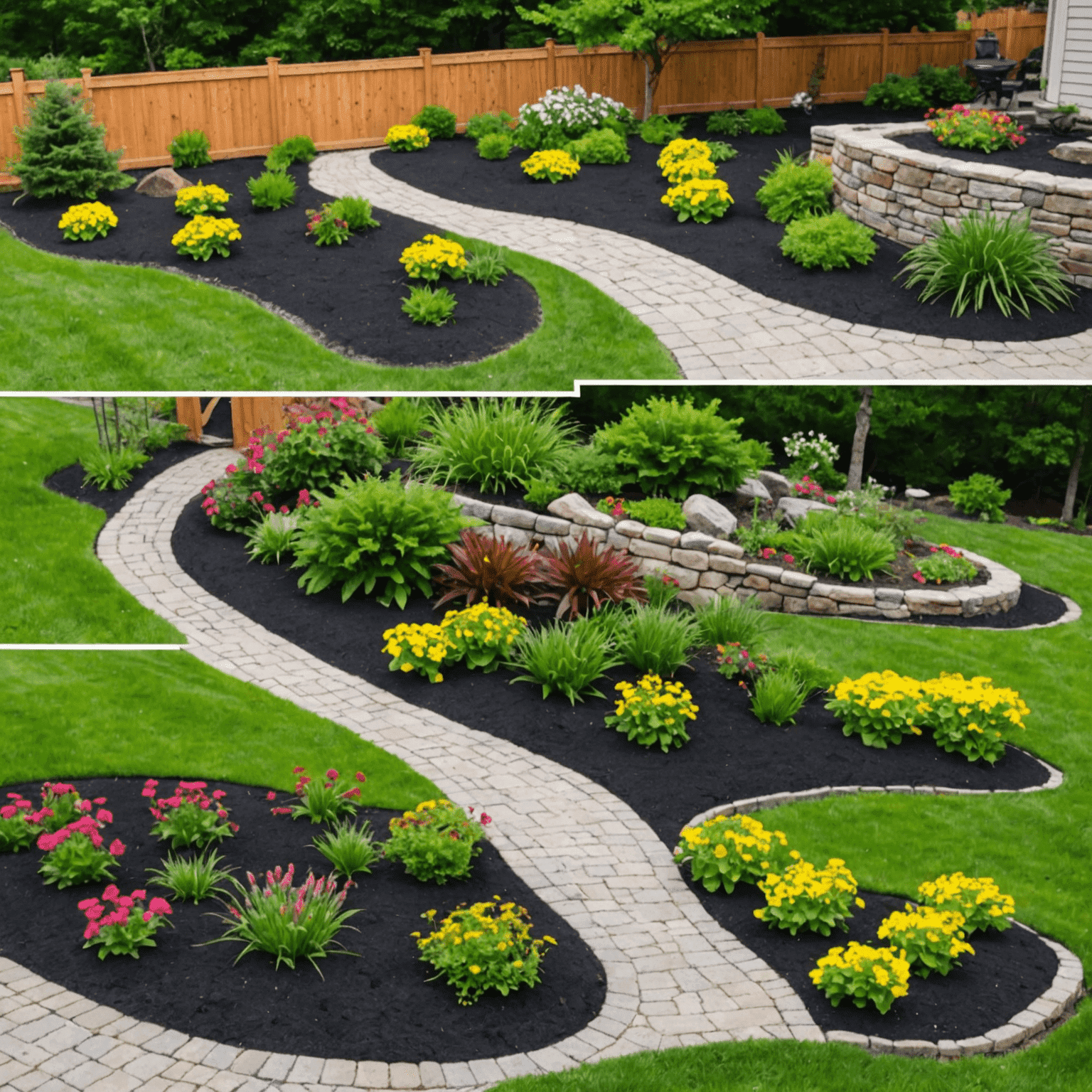 A collage of before and after images showing the results of DIY landscaping projects, including a newly mulched flower bed, a stone pathway, and a small water feature