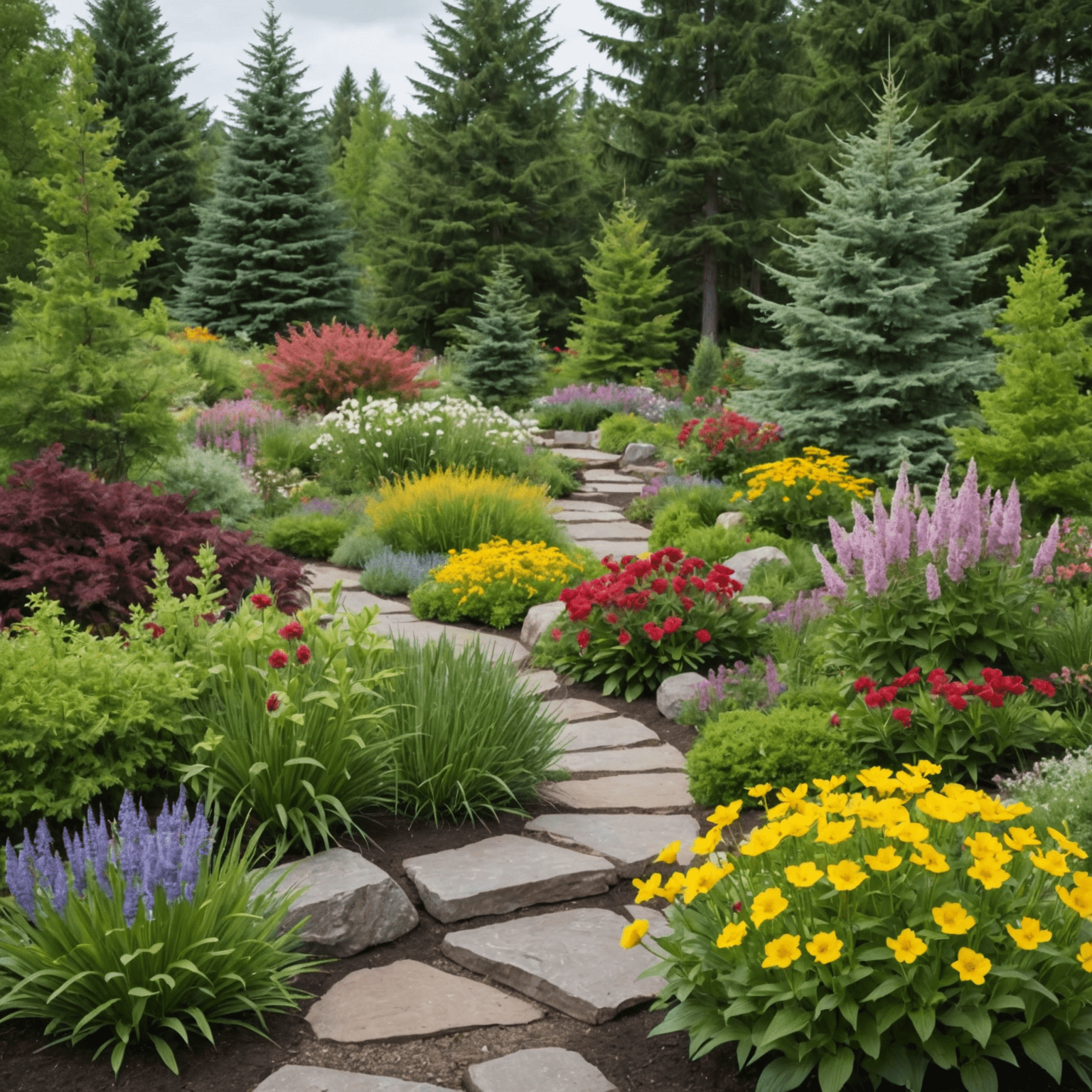 A diverse collection of native Canadian plants in a well-designed garden, featuring colorful wildflowers, hardy shrubs, and evergreen trees