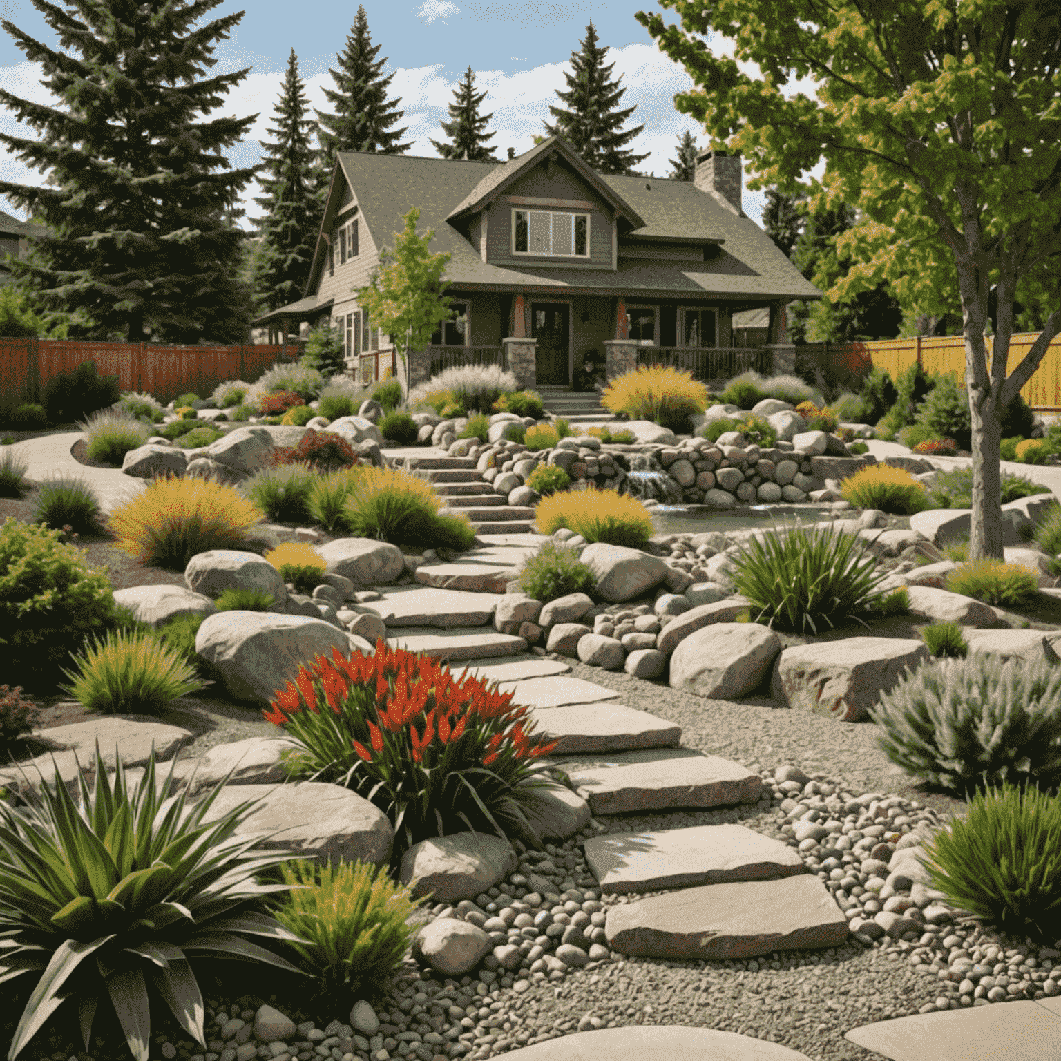 A beautiful water-efficient Canadian landscape featuring drought-resistant plants, rock gardens, and efficient irrigation systems