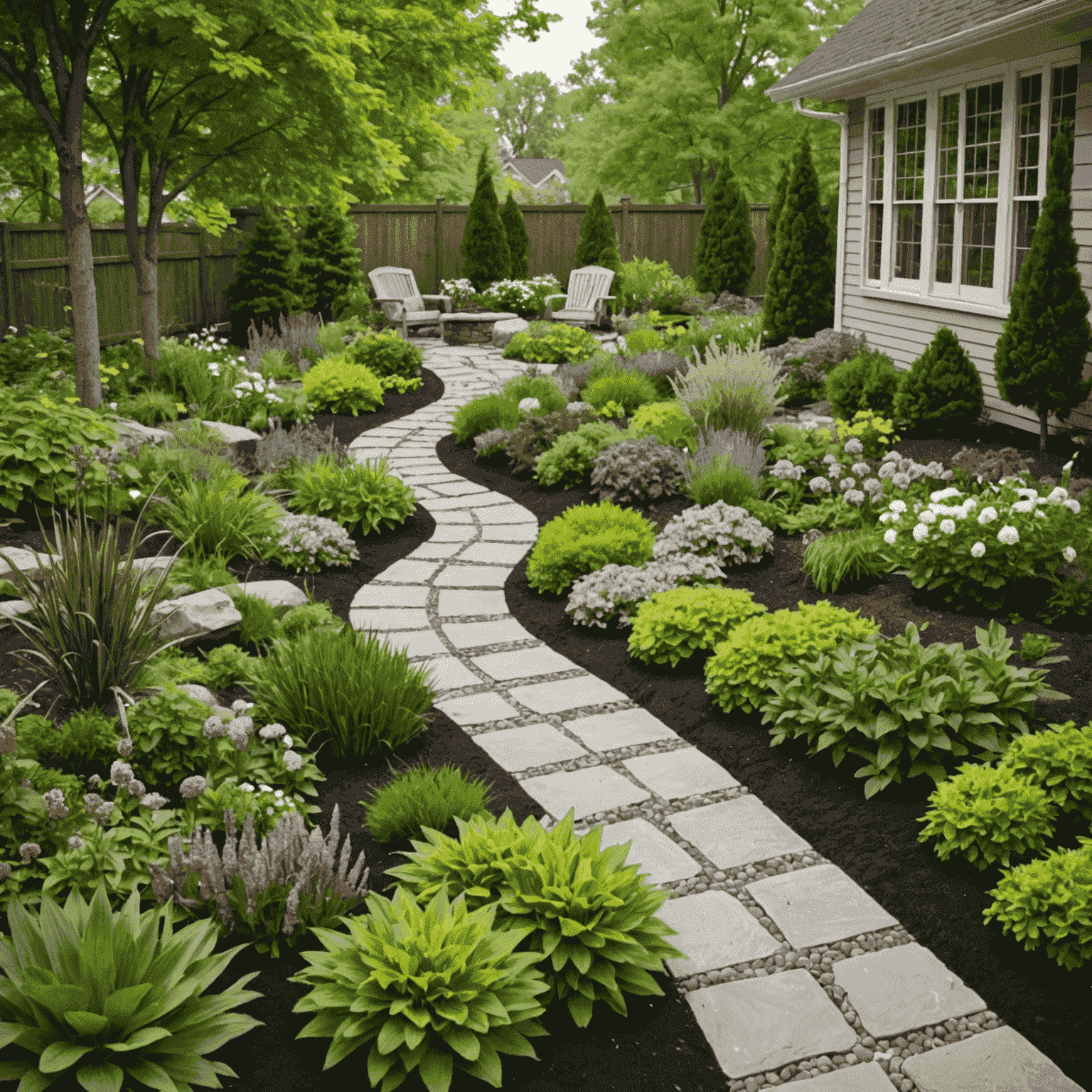 A beautiful budget-friendly landscaped garden with a mix of perennials, mulched beds, and a simple stone pathway