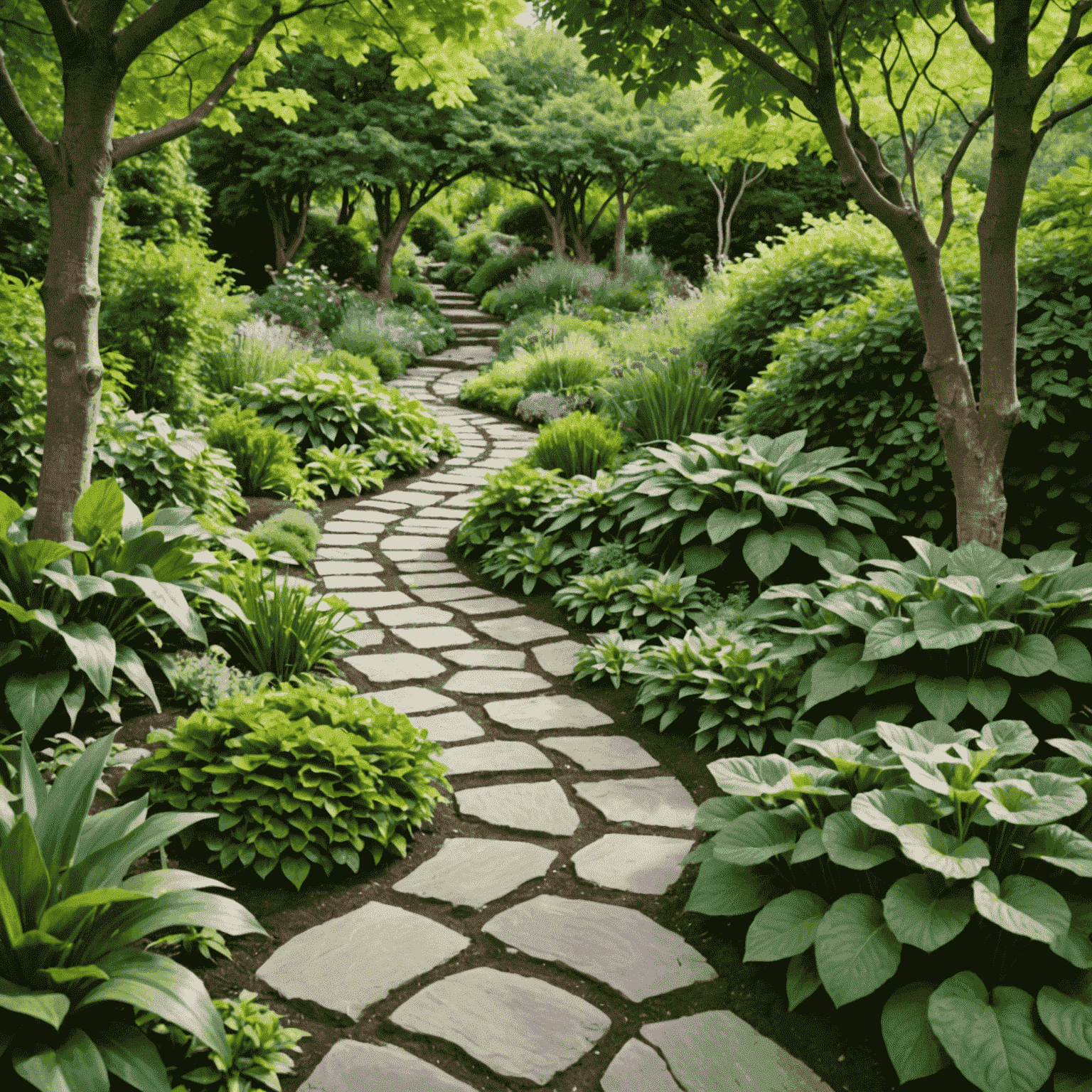 A beautiful winding stone pathway through a lush garden, showcasing the finished DIY project