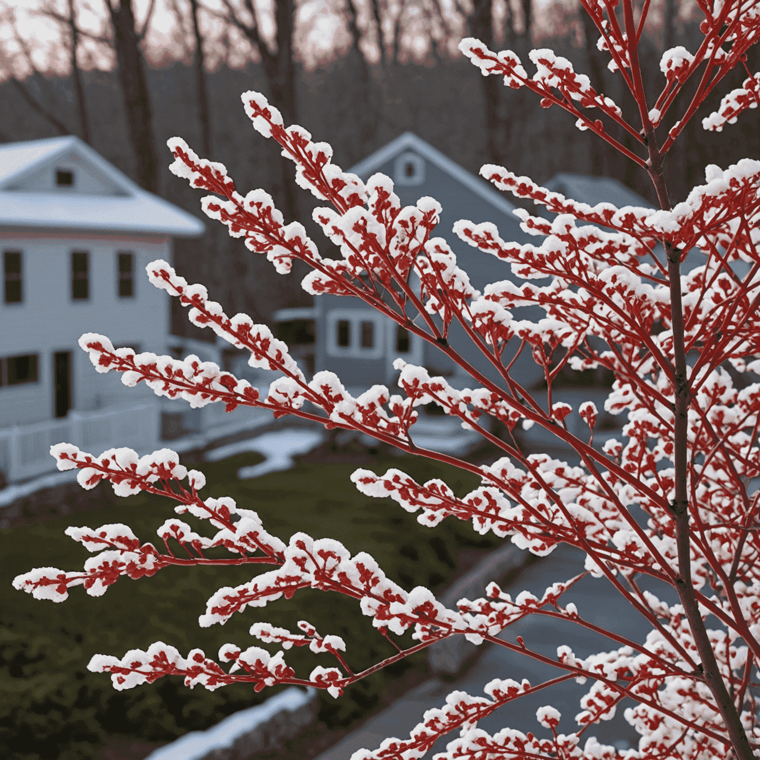 Red Osier Dogwood shrub with bright red stems in winter and white flowers in summer