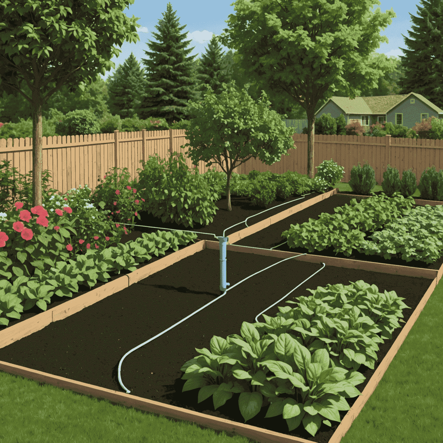 Diagram showing an efficient drip irrigation system in a garden bed