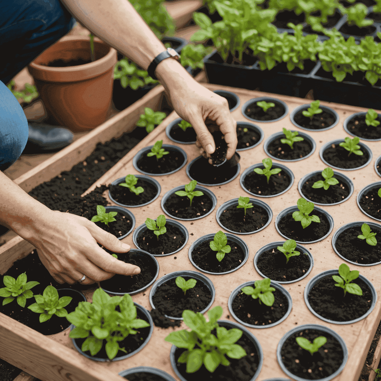 A person planting seeds in small pots, showcasing the budget-friendly approach of starting a garden from seeds