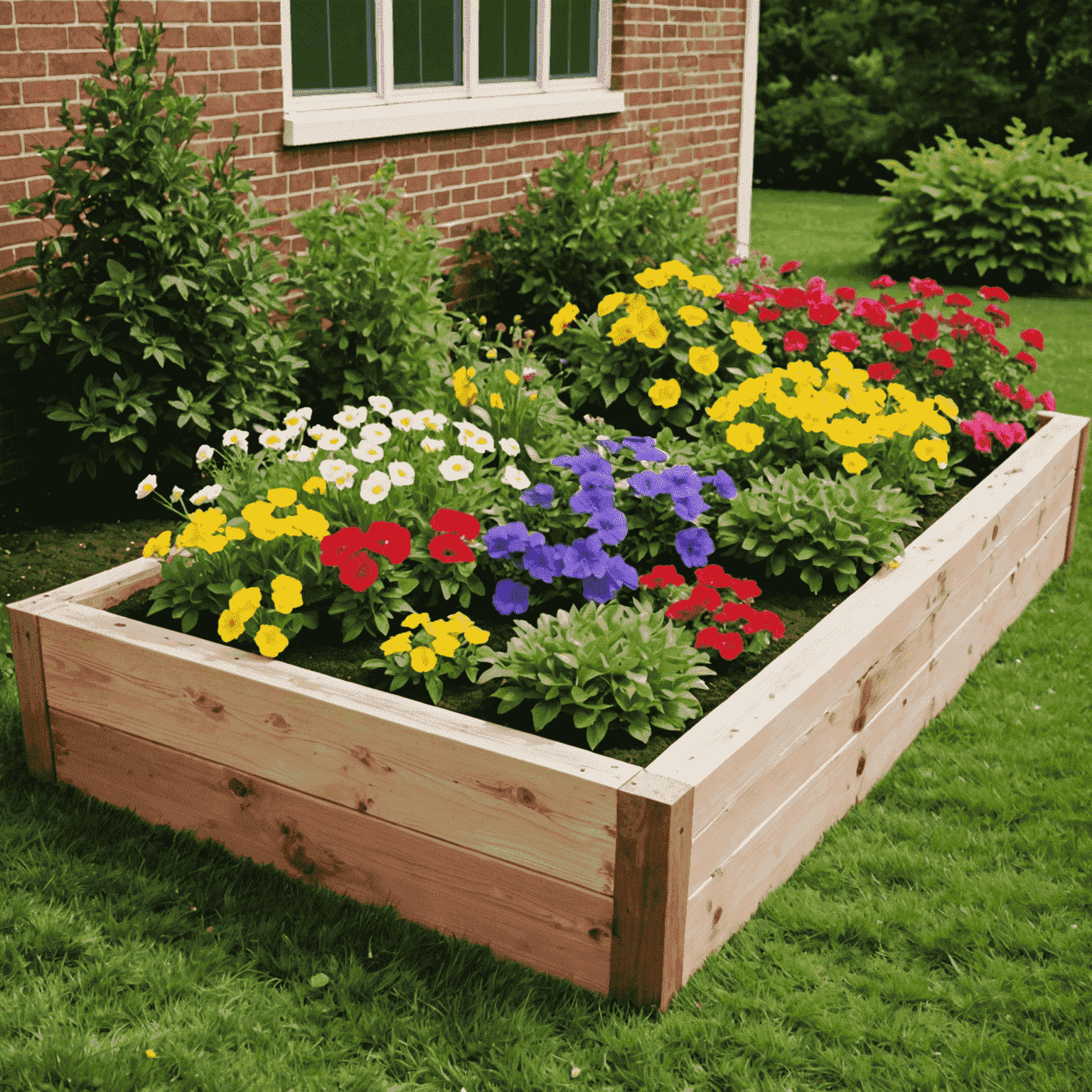 A newly constructed raised flower bed filled with colorful blooms, demonstrating the beauty of this simple DIY project