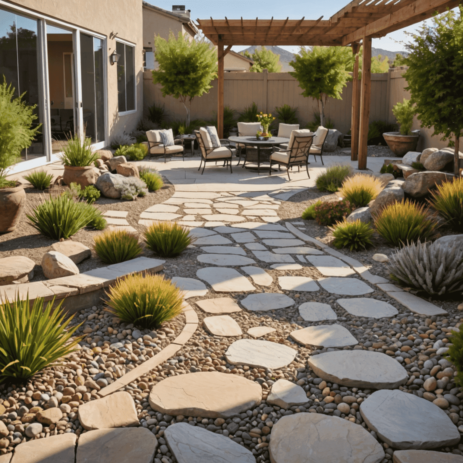 A well-designed patio area with surrounding drought-resistant plants and decorative rocks