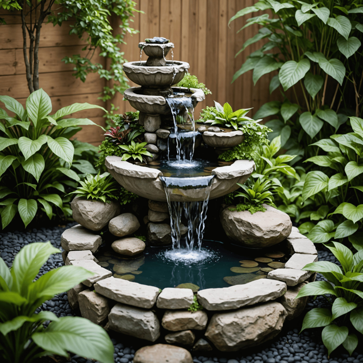 A serene DIY water feature with a small fountain surrounded by lush greenery and decorative stones