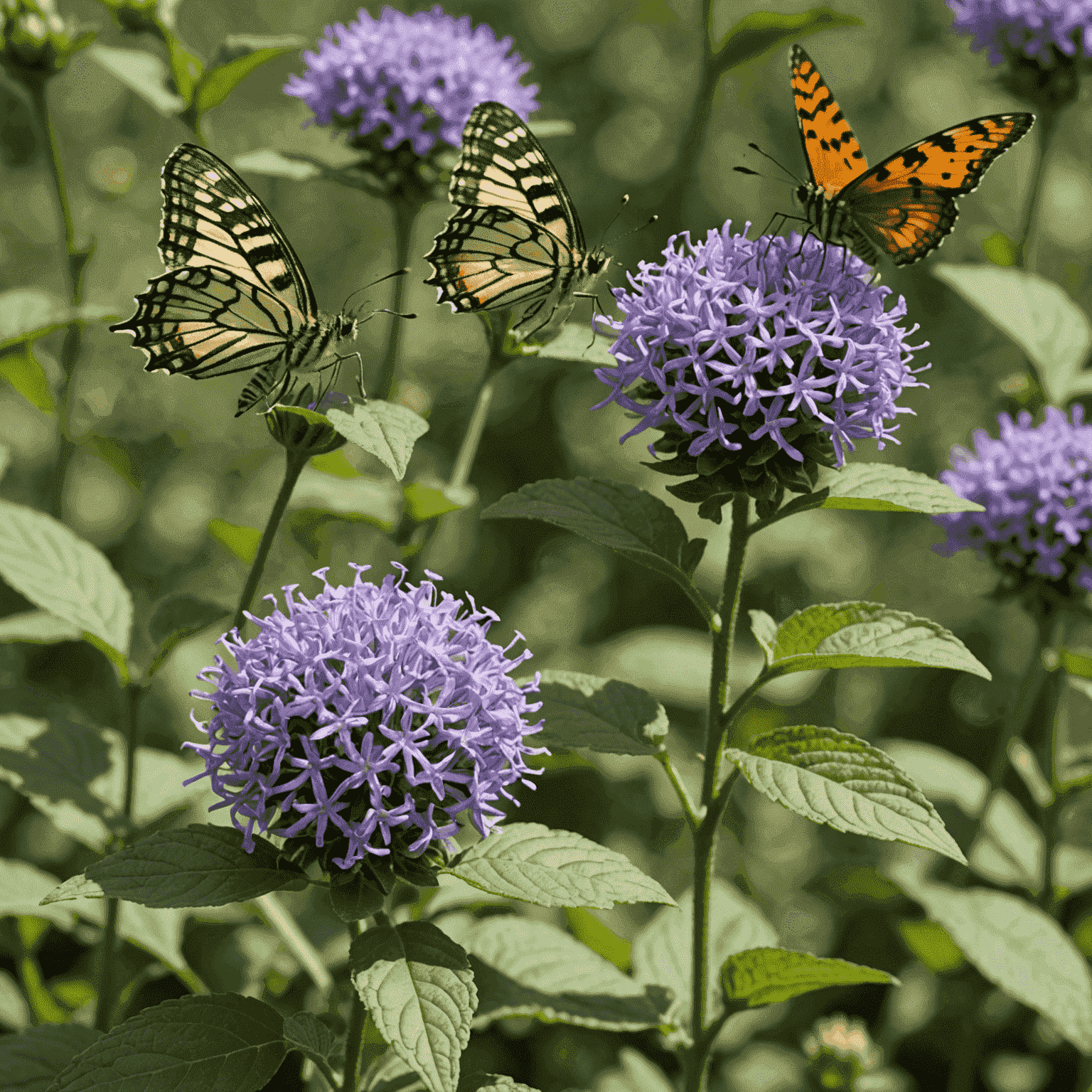 Wild Bergamot plant with lavender flowers attracting butterflies and bees