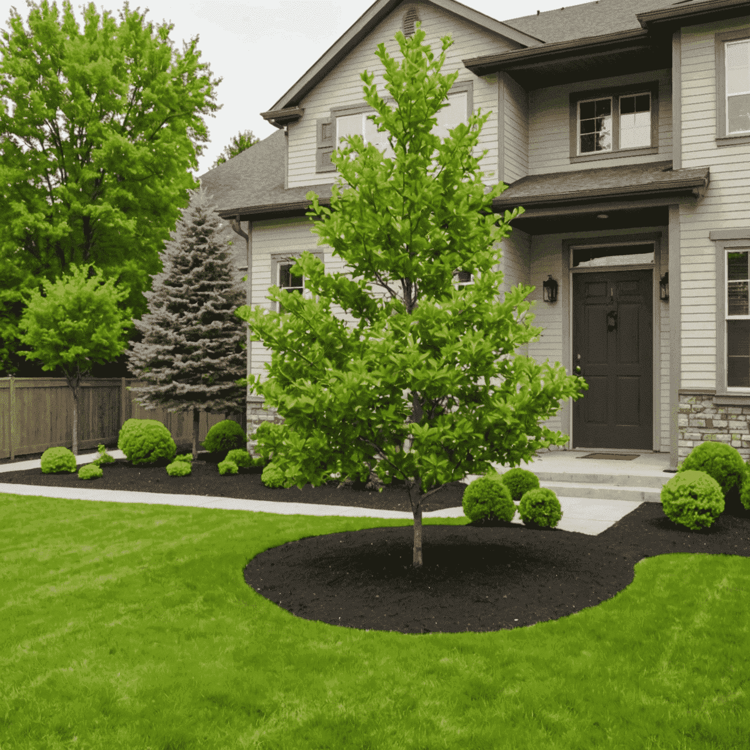 A newly planted young tree in a landscaped yard, illustrating the final step of this DIY landscaping project